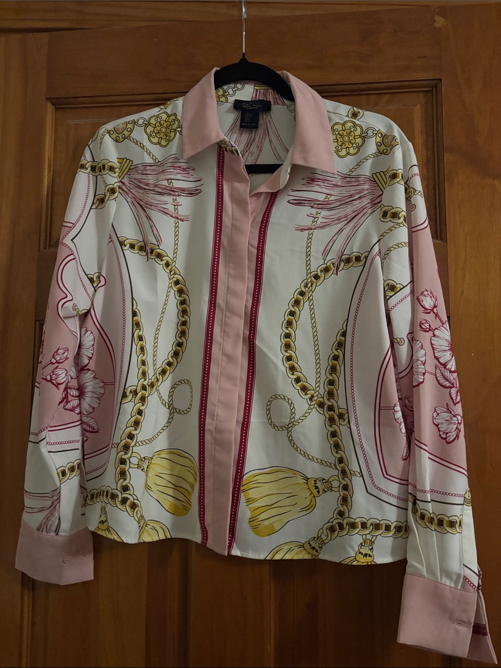 RACHEL Rachel Roy Pink, White & Gold Chain-Print Button-Down Shirt